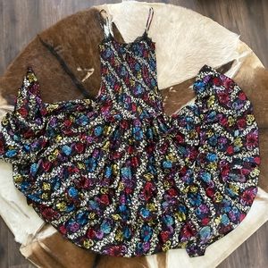 Betsey Johnson Black Satin Floral Print Flamenco Midi Dress With Smocked Top